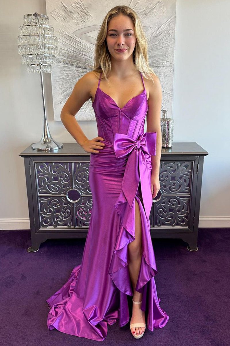 Straps V-Neck Satin Mermaid Prom Dresses with Bow
