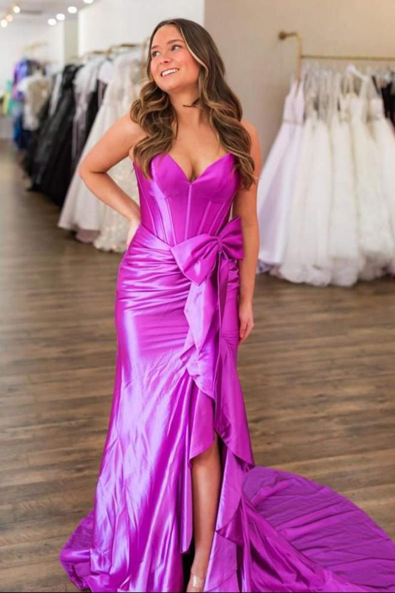 Straps V-Neck Satin Mermaid Prom Dresses with Bow