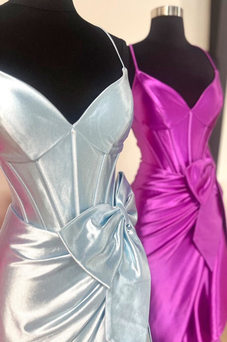 Straps V-Neck Satin Mermaid Prom Dresses with Bow