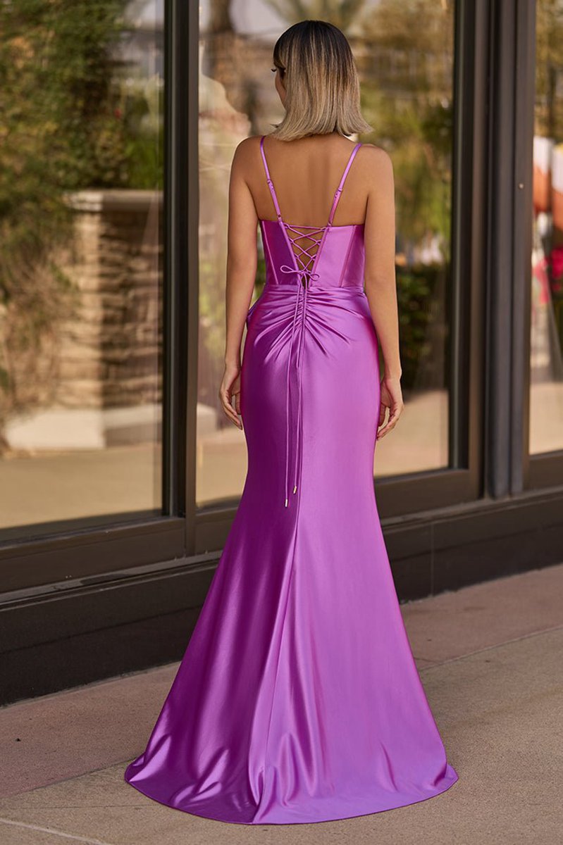 Straps V-Neck Satin Mermaid Prom Dresses with Bow