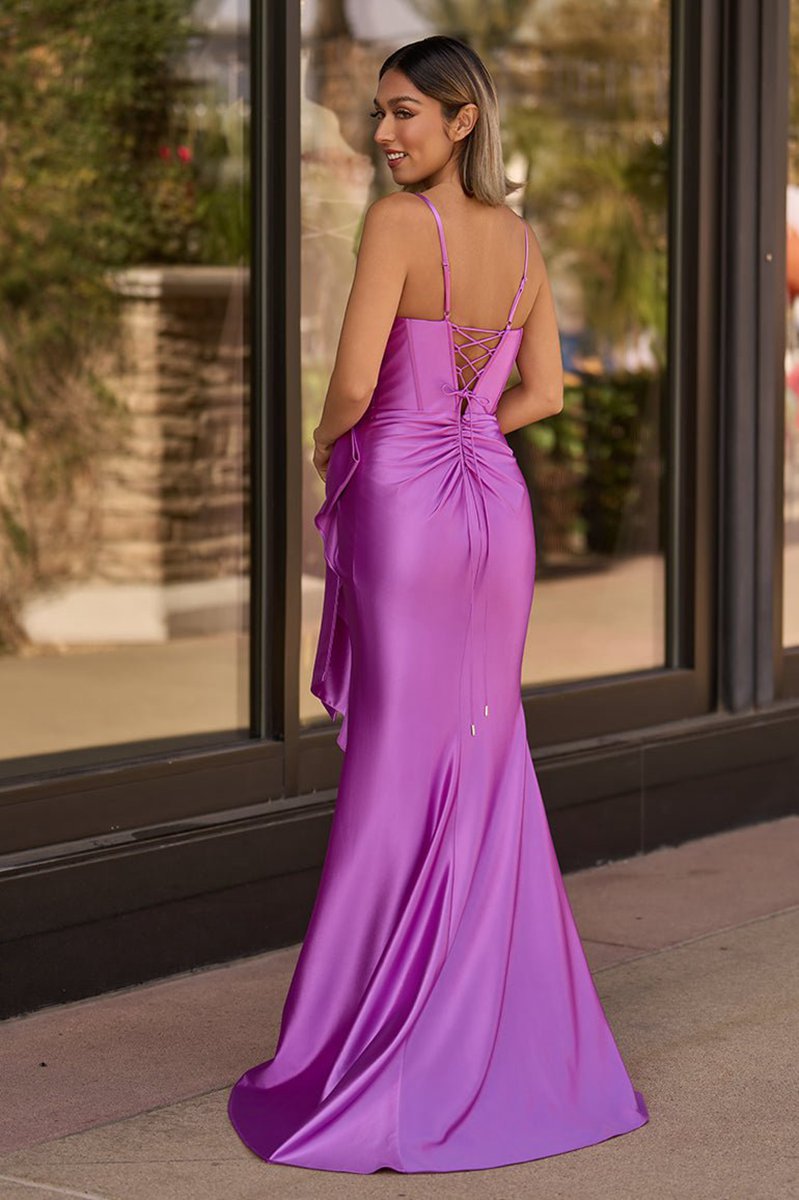 Straps V-Neck Satin Mermaid Prom Dresses with Bow