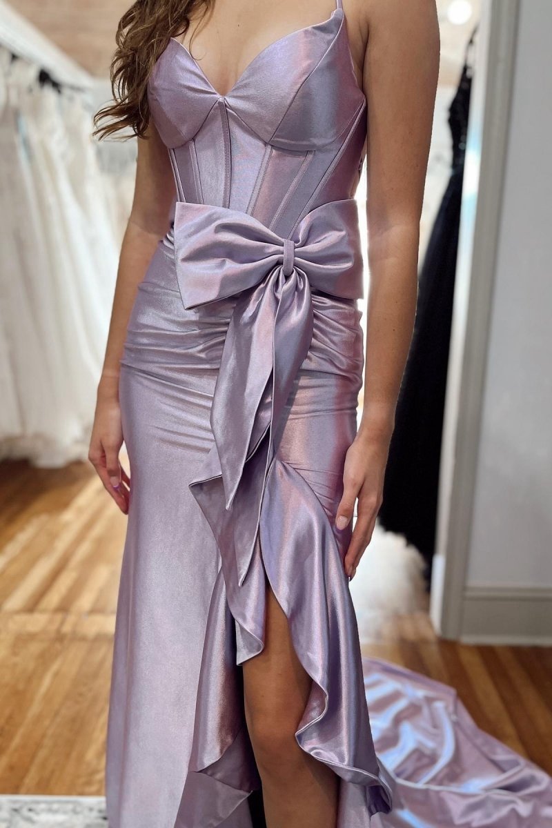 Straps V-Neck Satin Mermaid Prom Dresses with Bow