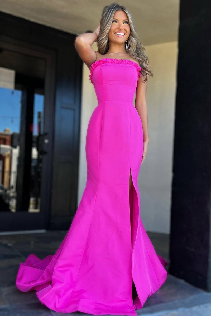 Strapless Maganta Ruffle Mermaid Slit Long Prom Dresses