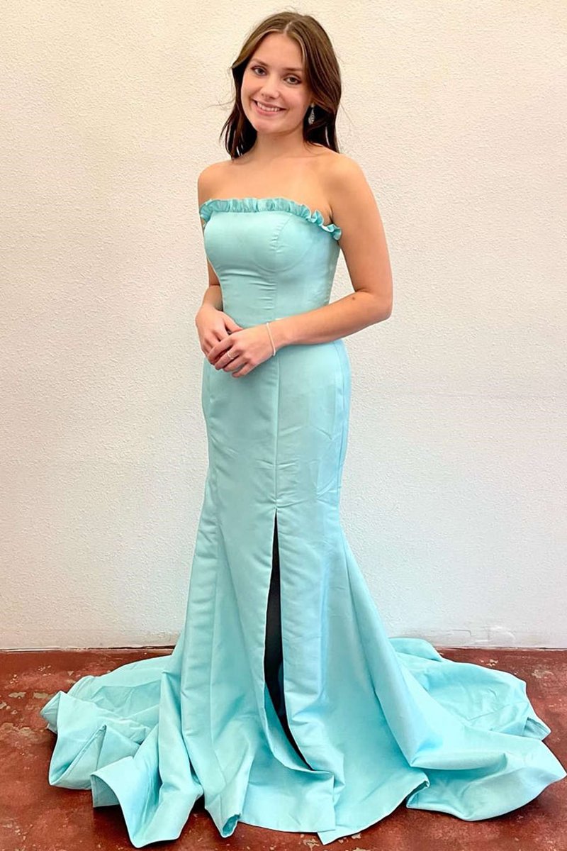 Strapless Maganta Ruffle Mermaid Slit Long Prom Dresses