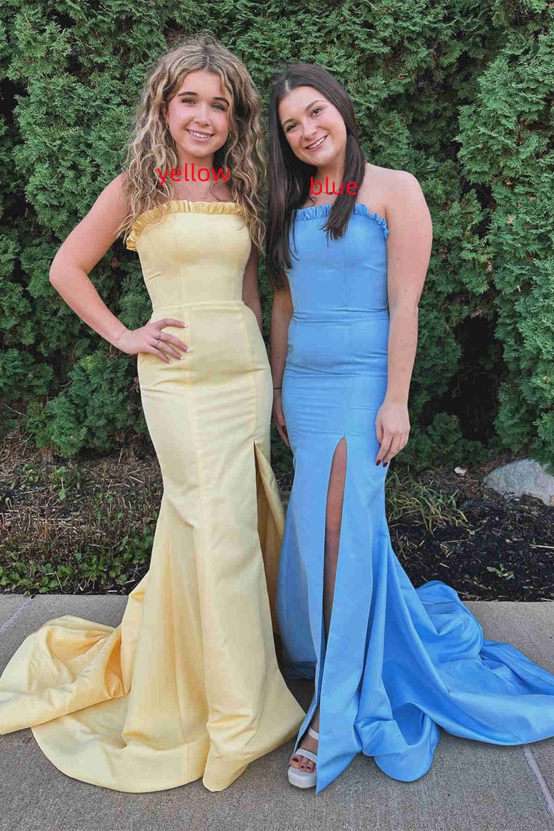 Strapless Maganta Ruffle Mermaid Slit Long Prom Dresses