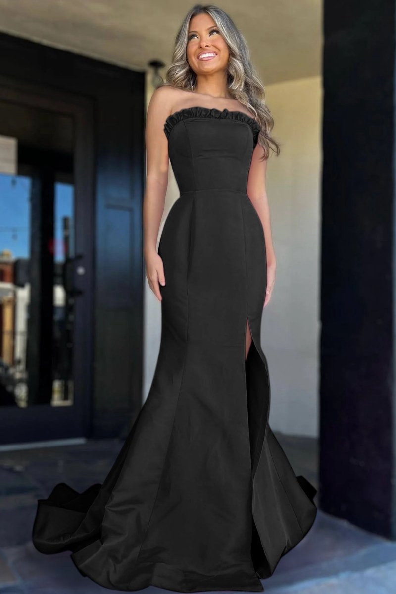 Strapless Maganta Ruffle Mermaid Slit Long Prom Dresses