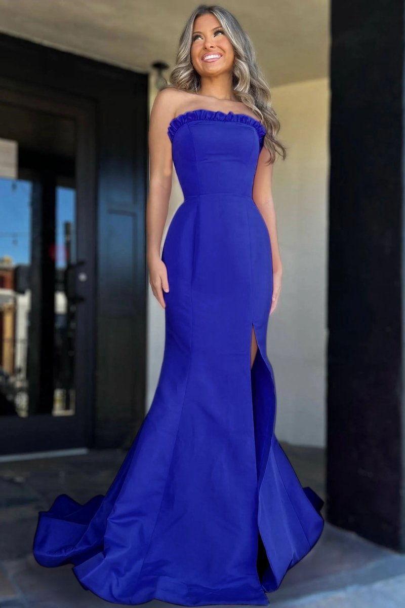 Strapless Maganta Ruffle Mermaid Slit Long Prom Dresses