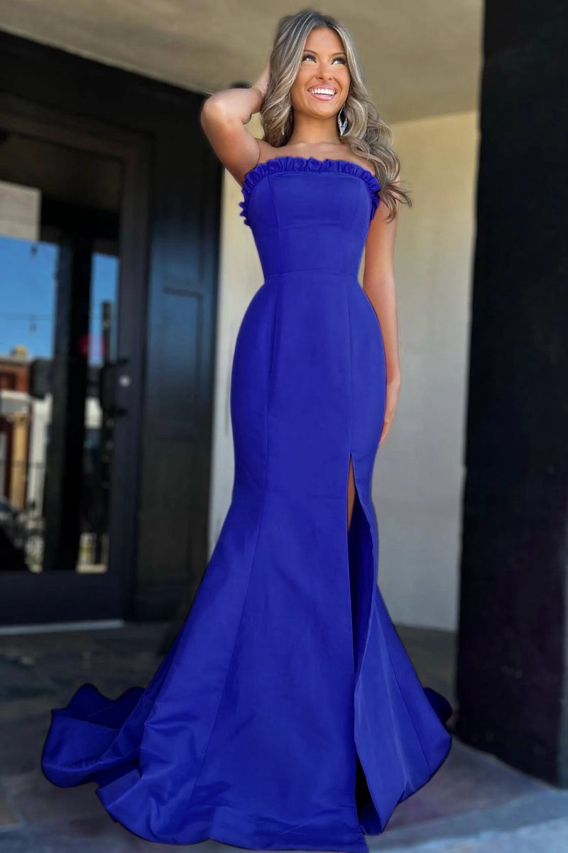 Strapless Maganta Ruffle Mermaid Slit Long Prom Dresses