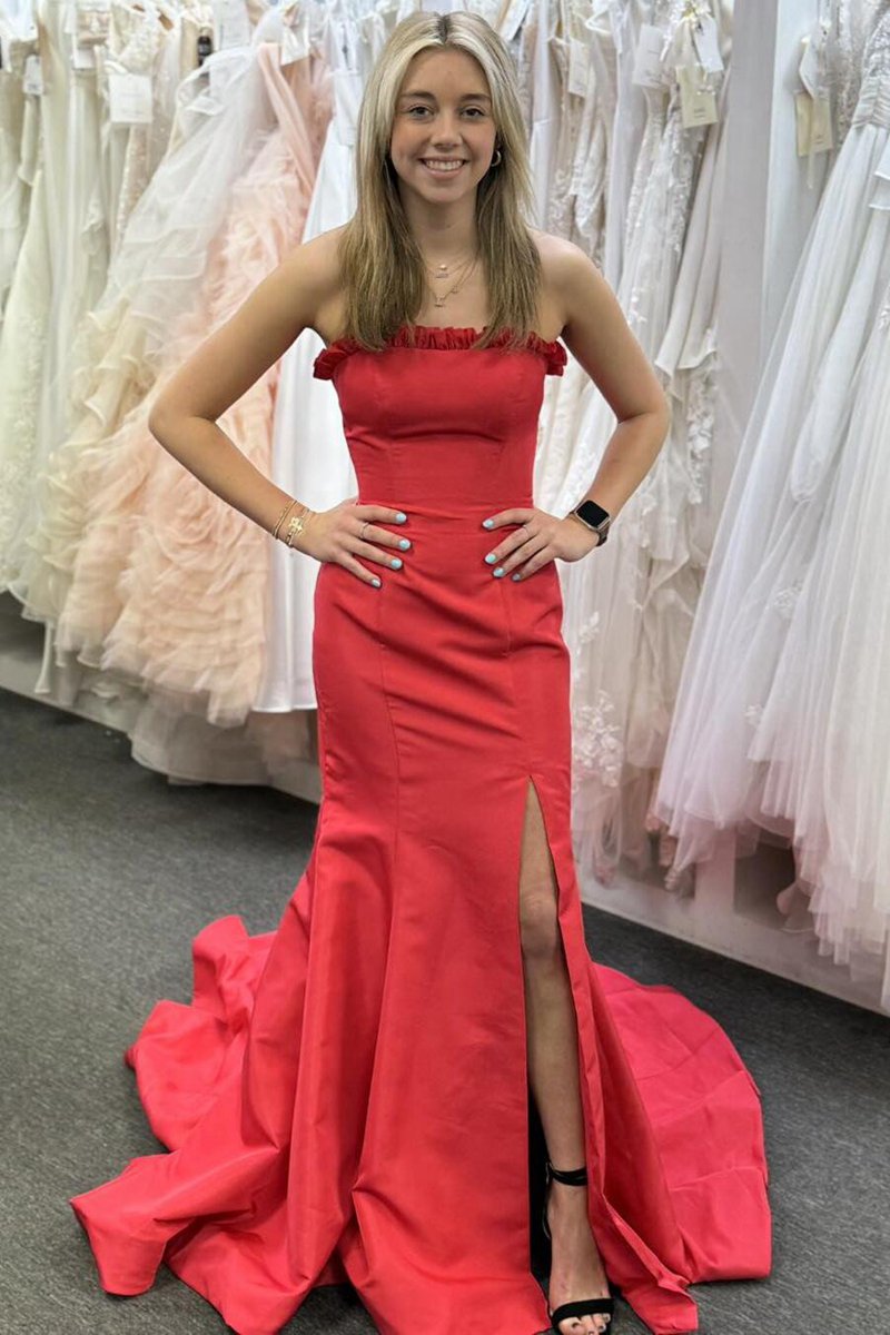 Strapless Maganta Ruffle Mermaid Slit Long Prom Dresses
