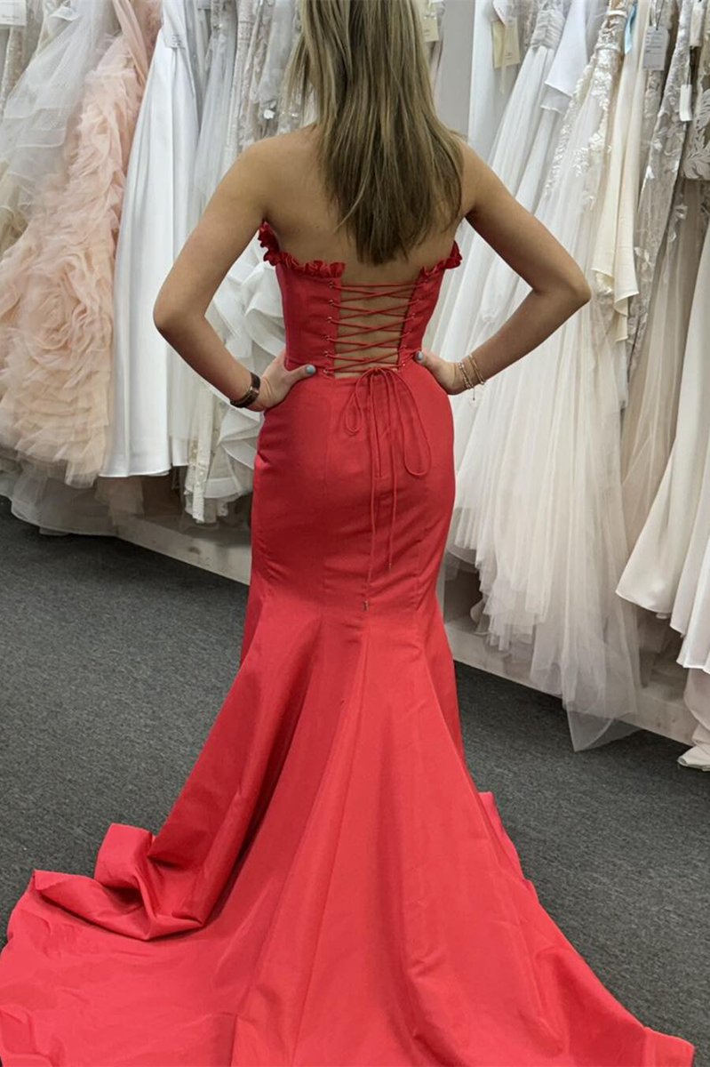 Strapless Maganta Ruffle Mermaid Slit Long Prom Dresses
