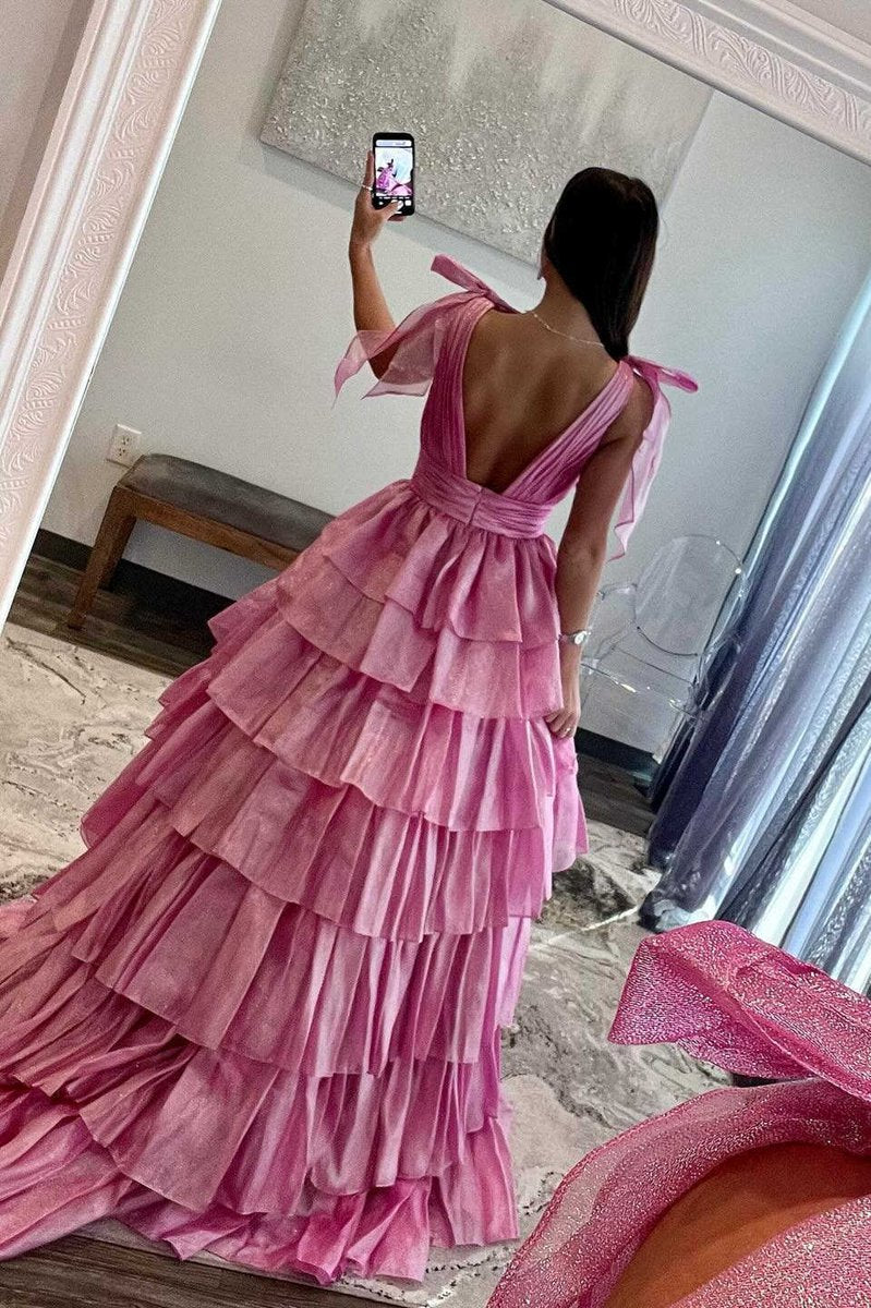 Glitter Tie Straps Plunging Neck Tie Long Prom Dresses