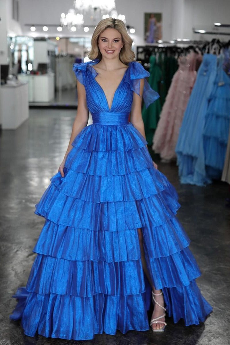 Glitter Tie Straps Plunging Neck Tie Long Prom Dresses
