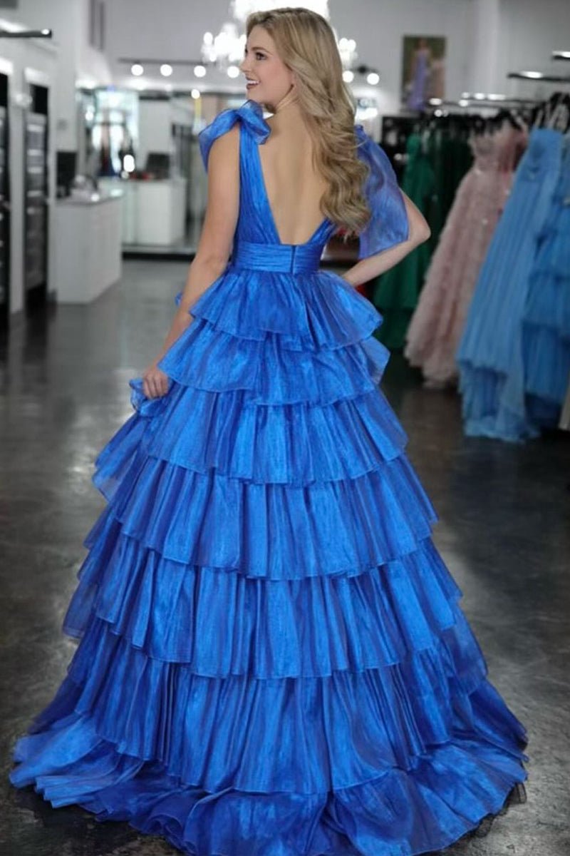Glitter Tie Straps Plunging Neck Tie Long Prom Dresses
