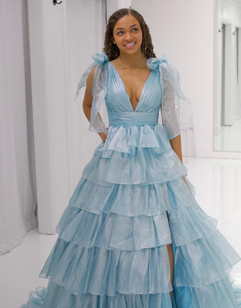 Glitter Tie Straps Plunging Neck Tie Long Prom Dresses