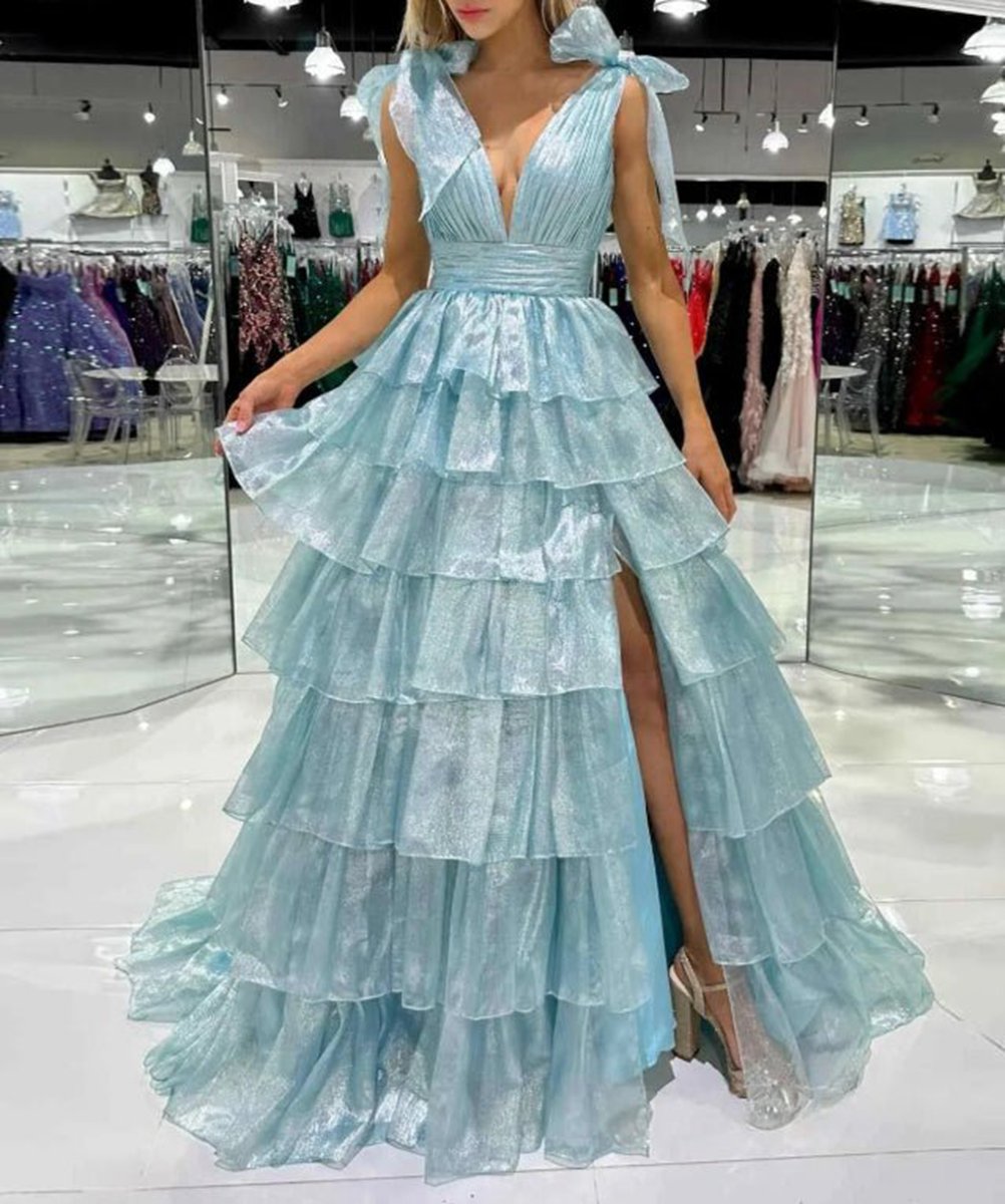Glitter Tie Straps Plunging Neck Tie Long Prom Dresses