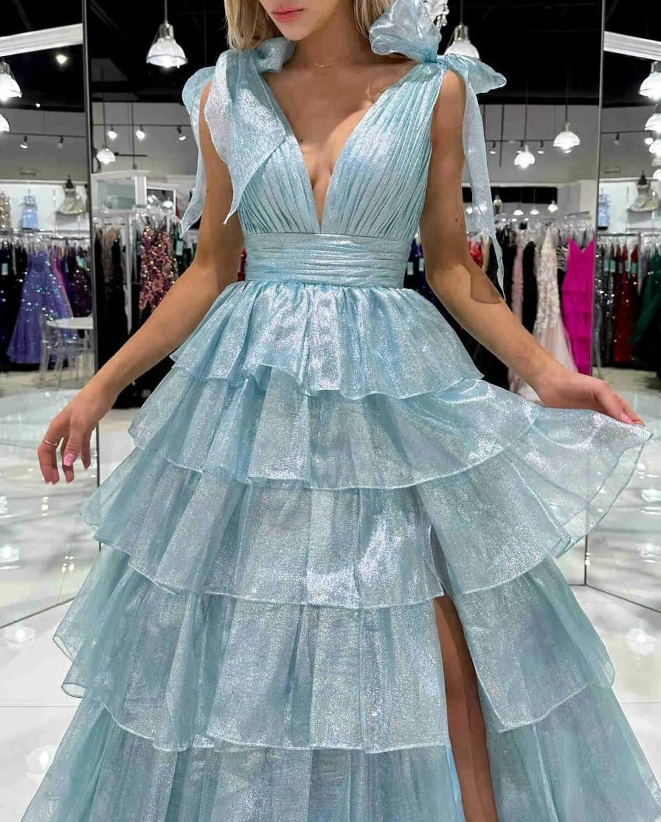 Glitter Tie Straps Plunging Neck Tie Long Prom Dresses