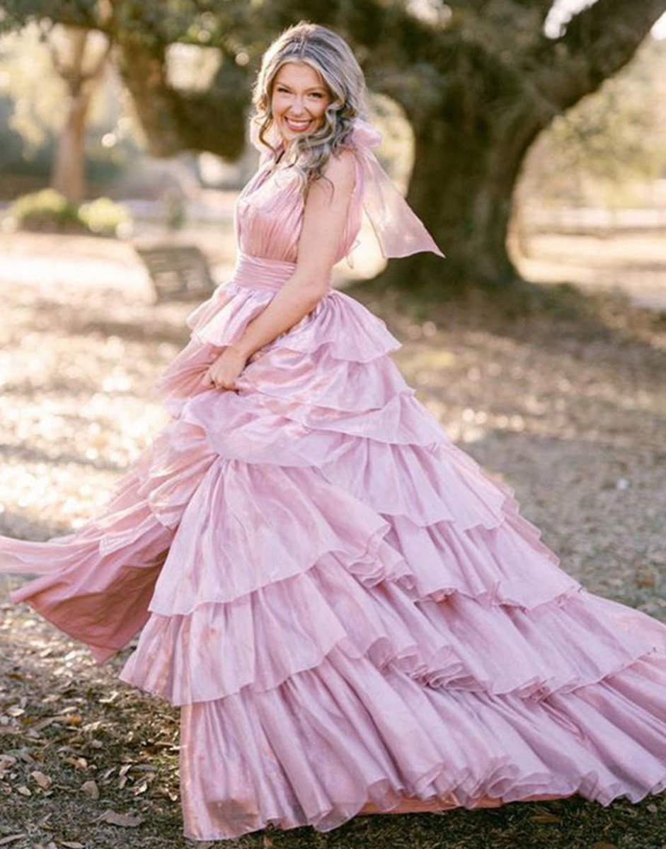 Glitter Tie Straps Plunging Neck Tie Long Prom Dresses