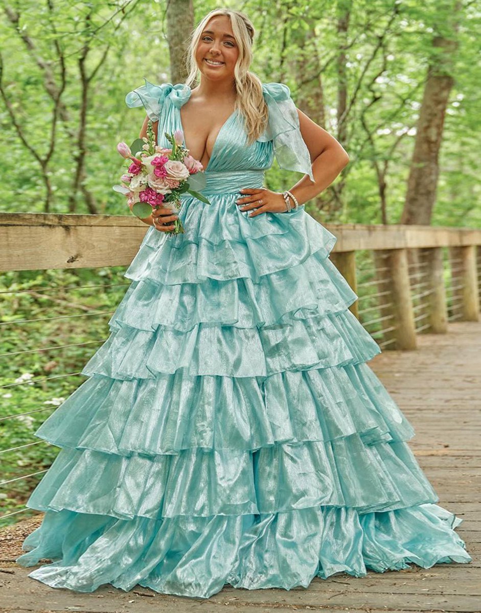 Glitter Tie Straps Plunging Neck Tie Long Prom Dresses