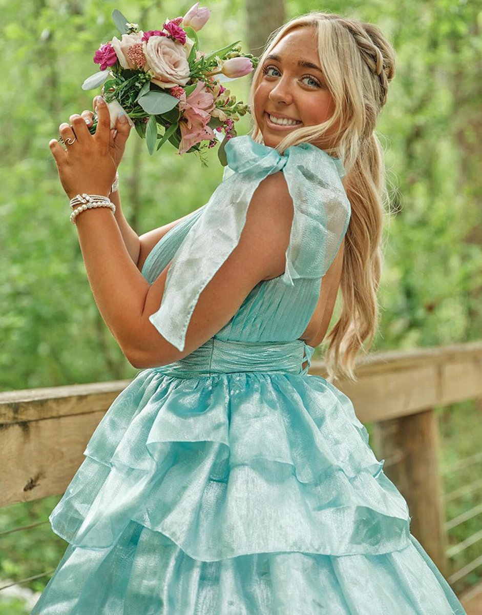 Glitter Tie Straps Plunging Neck Tie Long Prom Dresses