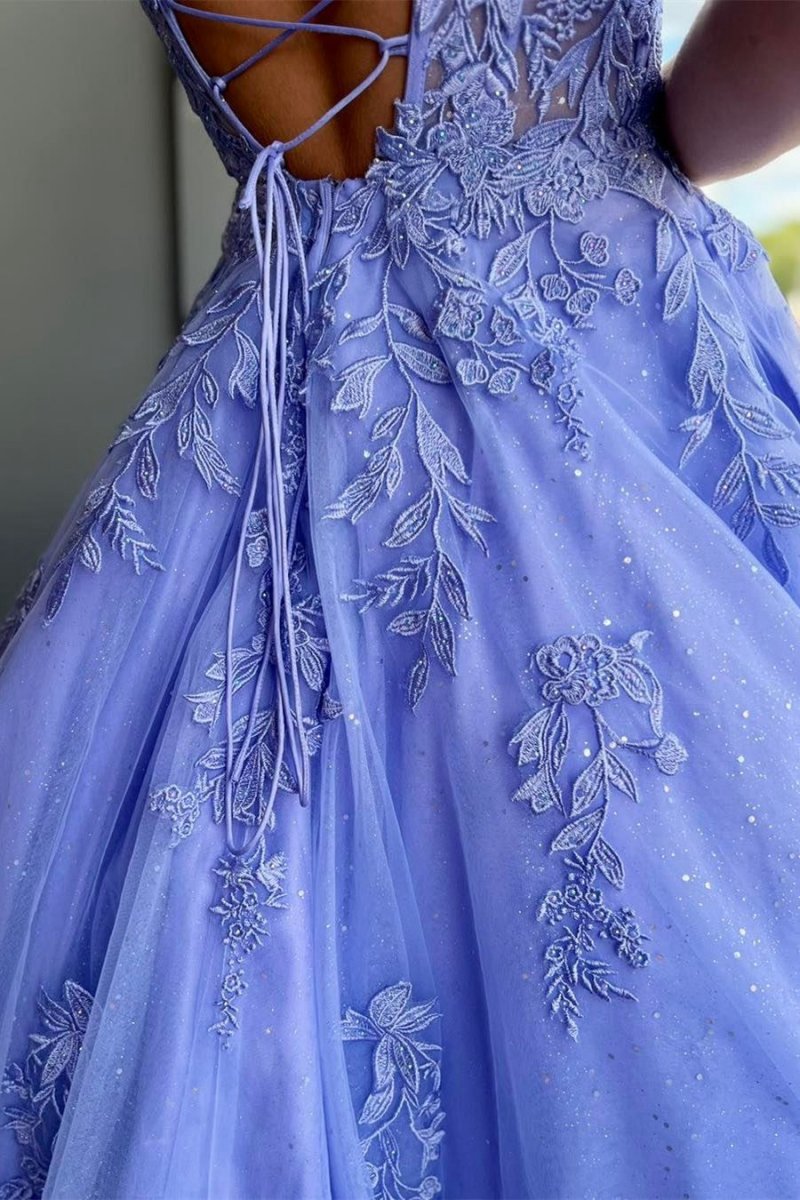 A-line Spaghetti Strap Tulle Lace Prom Dresses with Pockets