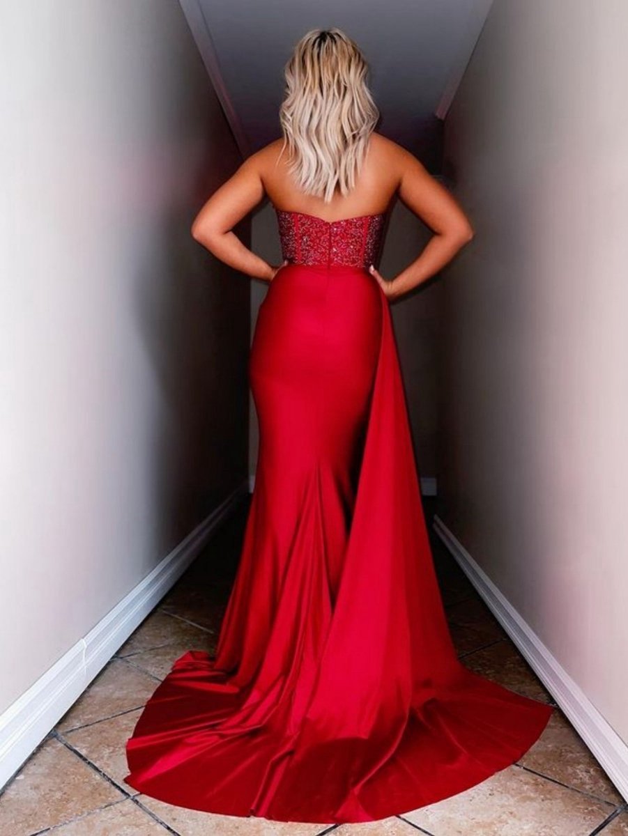 Strapless Satin Long Prom Dresses with Slit