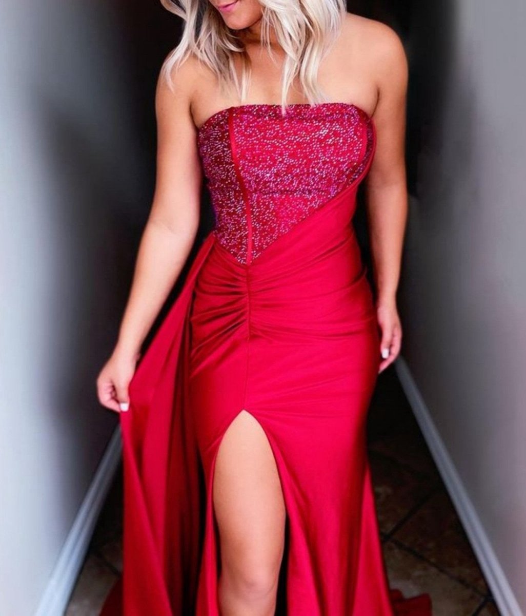 Strapless Satin Long Prom Dresses with Slit