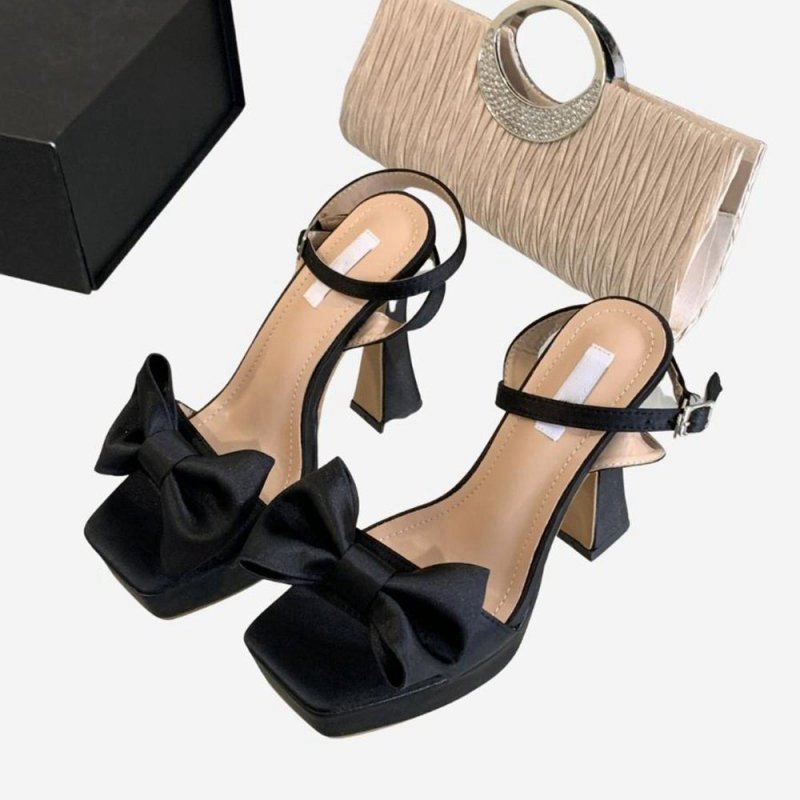 Chunky High Heel Sandals with Bow