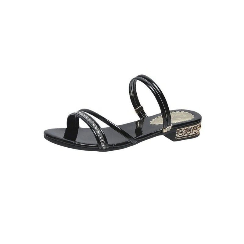 Strappy Rhinestones Low Block Heel Sandal