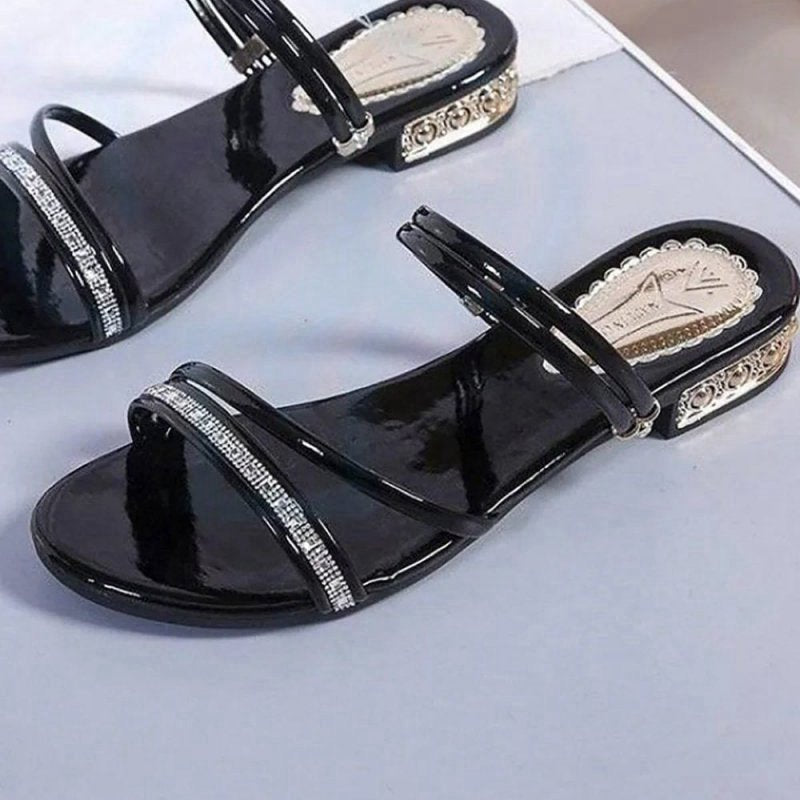 Strappy Rhinestones Low Block Heel Sandal