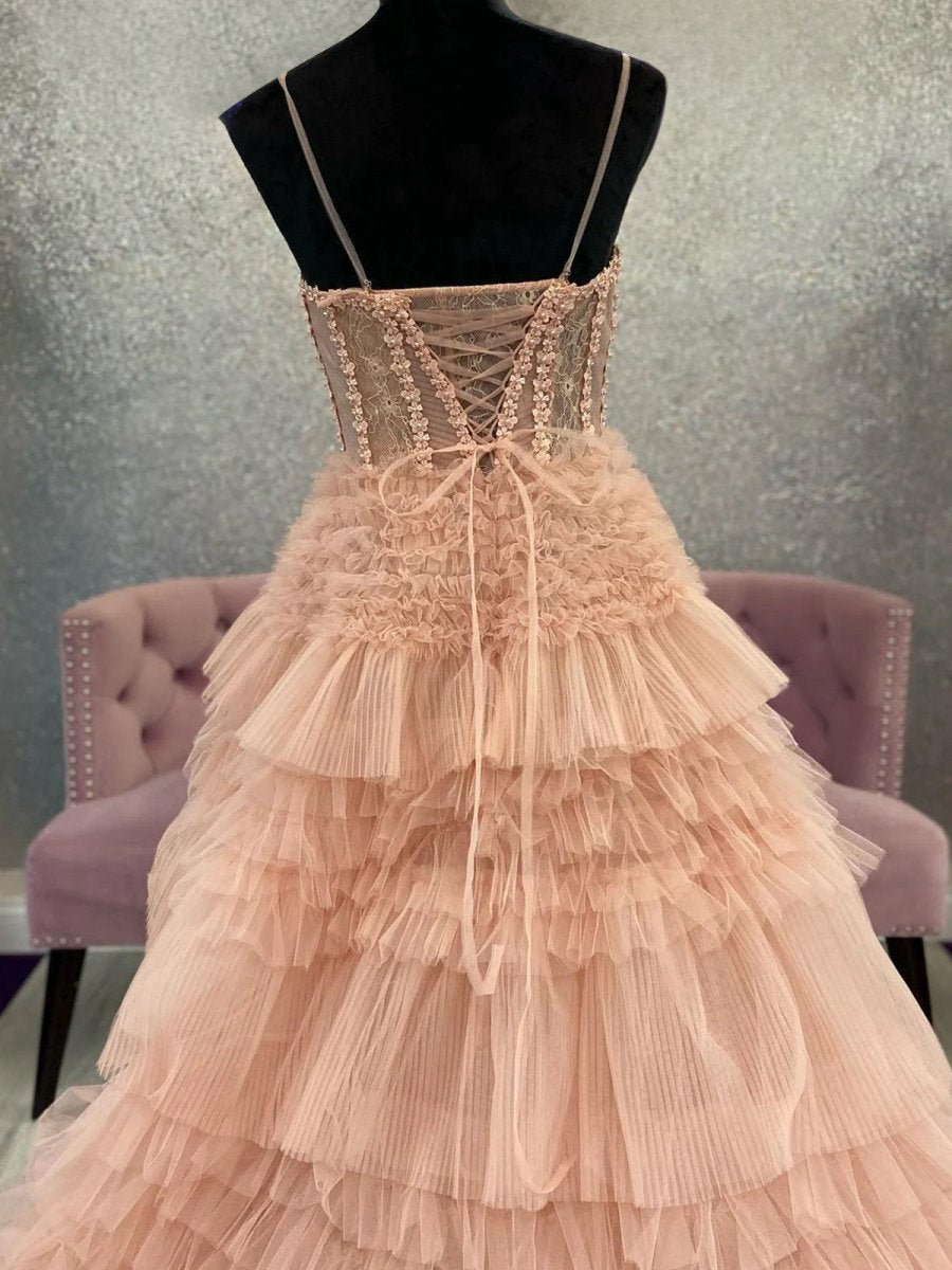 Tulle Ruffle Layered rs Lace-Up Back A-line Prom Dresses