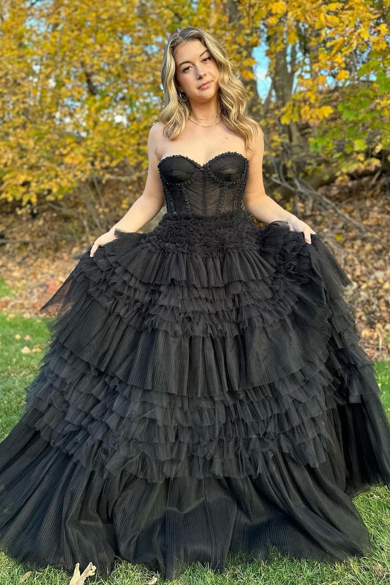 Tulle Ruffle Layered rs Lace-Up Back A-line Prom Dresses