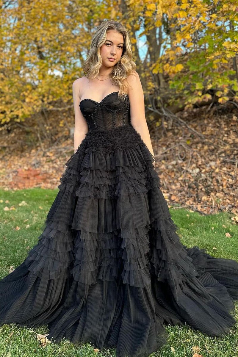 Tulle Ruffle Layered rs Lace-Up Back A-line Prom Dresses