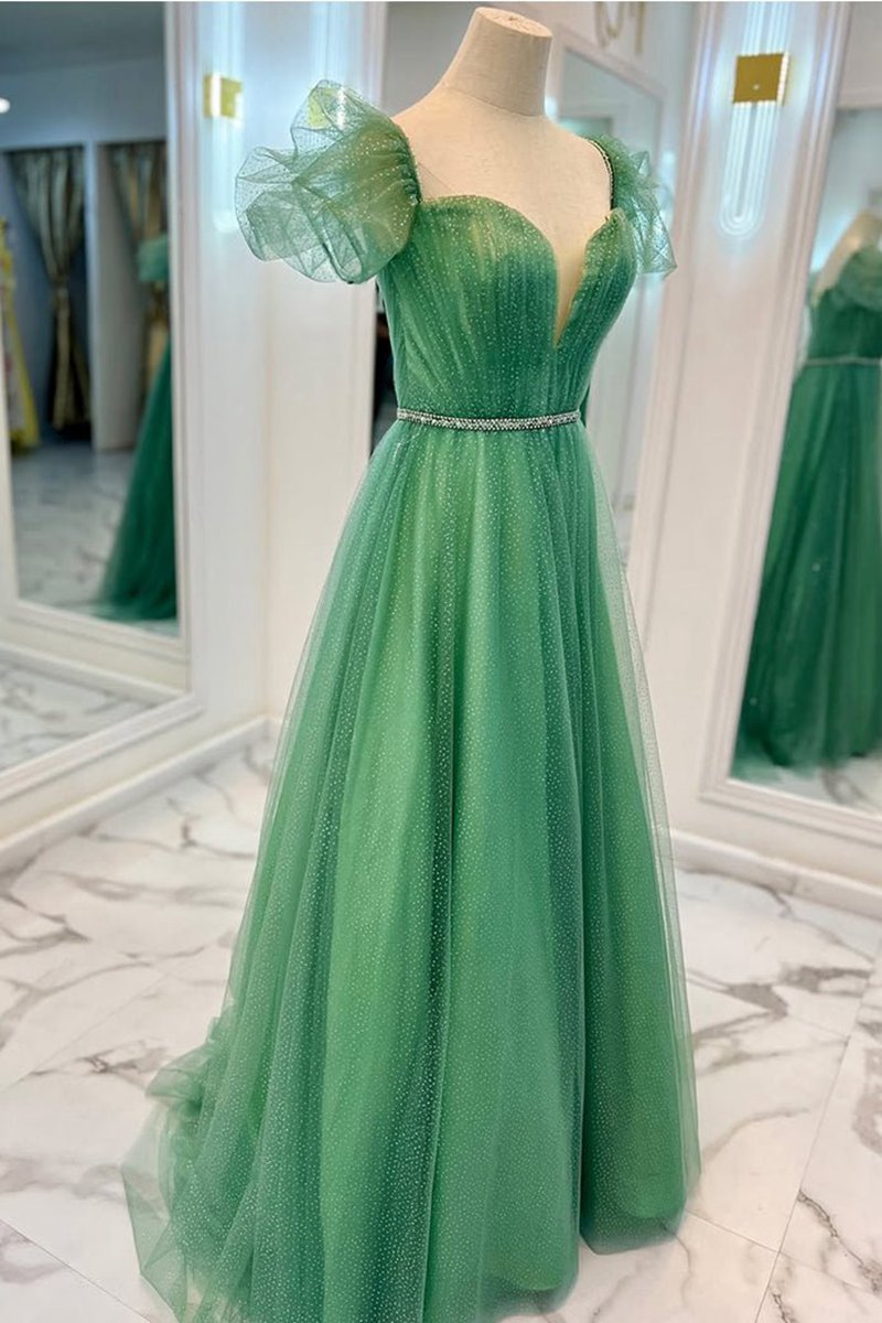 Tulle A-line V Neckline Off-Shoulder Long Prom Dresses