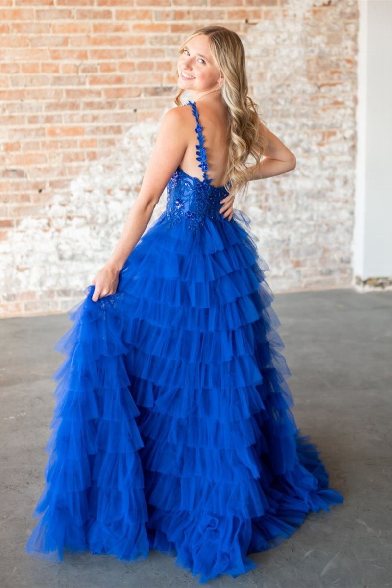 Layers Floral Tulle A-line Long Prom Dresses