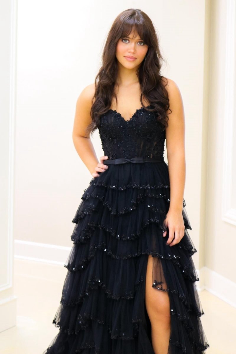 Straps Floral Sequined Multi-Layers Long Prom Dresses with Slit