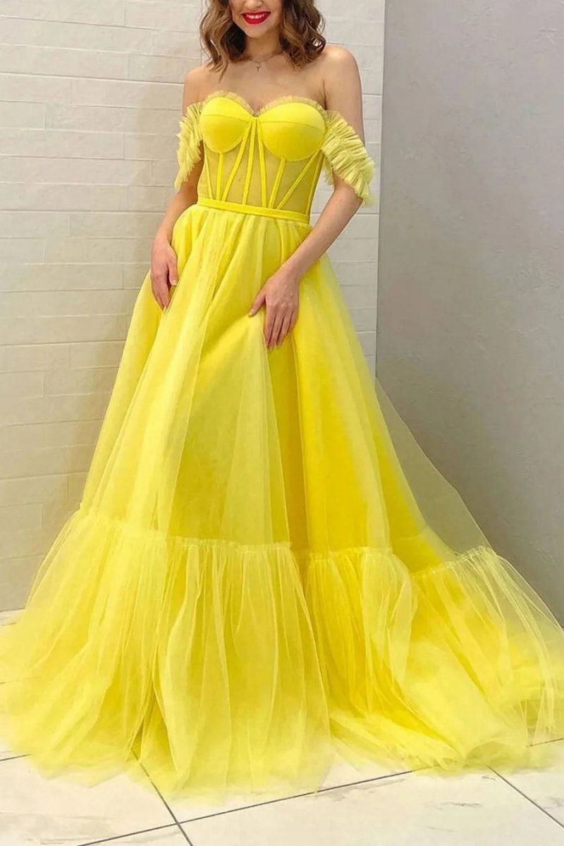 A-line Off the Shoulder Corset Prom Dresses