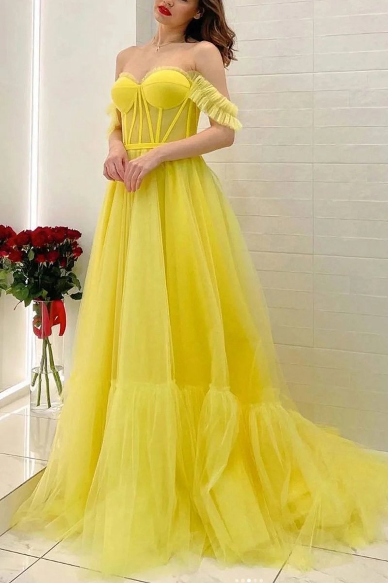 A-line Off the Shoulder Corset Prom Dresses
