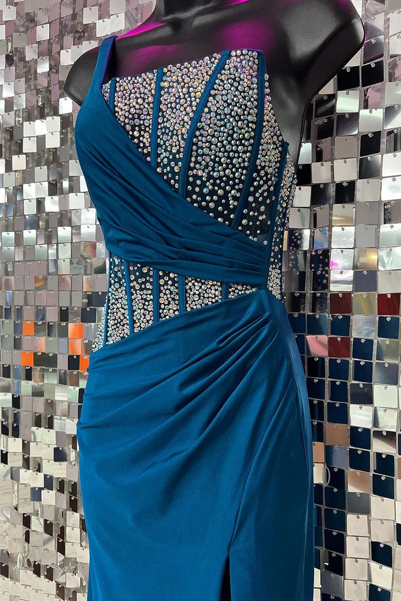 Mermaid One Shoulder Long Prom Dresses with Beaded