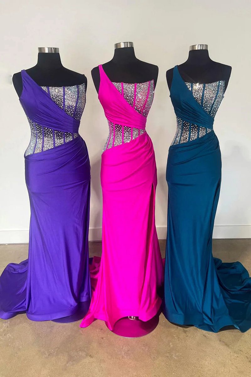 Mermaid One Shoulder Long Prom Dresses with Beaded