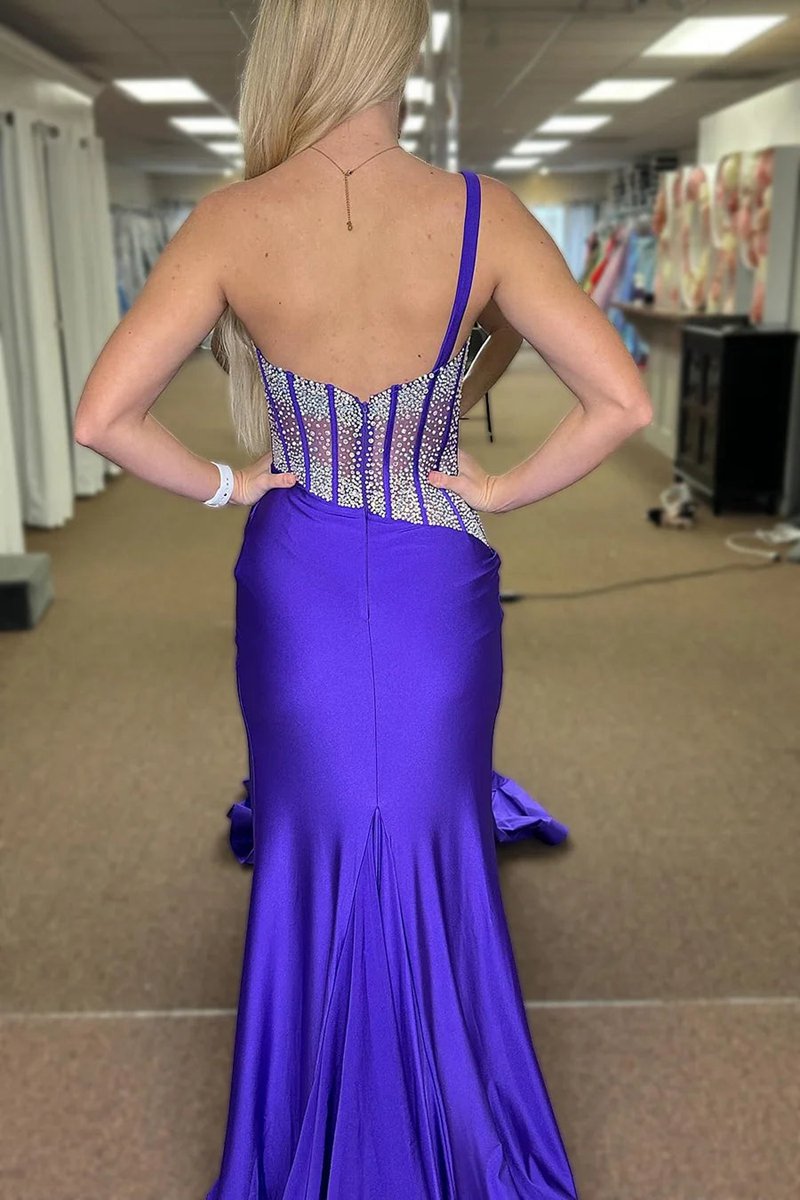 Mermaid One Shoulder Long Prom Dresses with Beaded