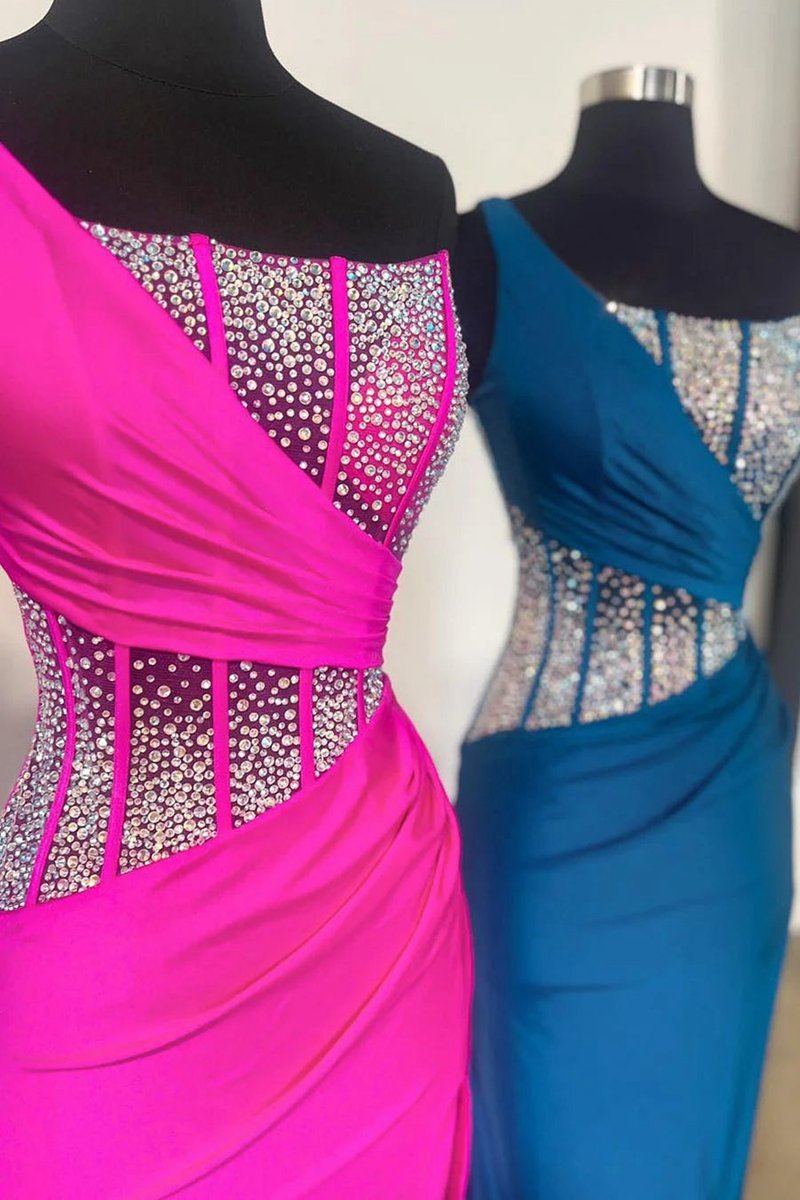 Mermaid One Shoulder Long Prom Dresses with Beaded