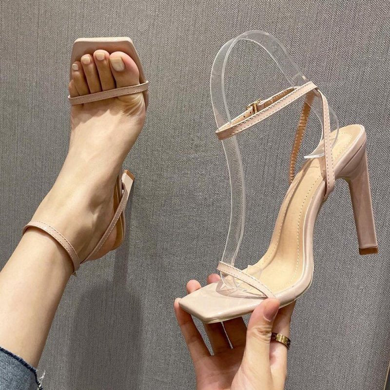 One Word Square Head Thick High Heels