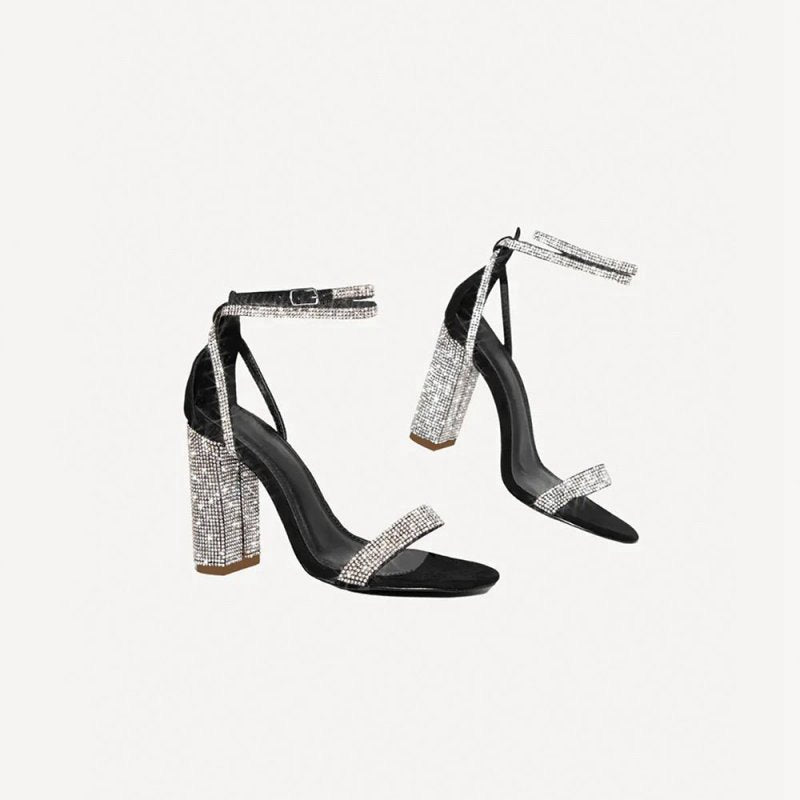 Rhinestone Chunky Heel One Buckle Sexy High Heel Sandals
