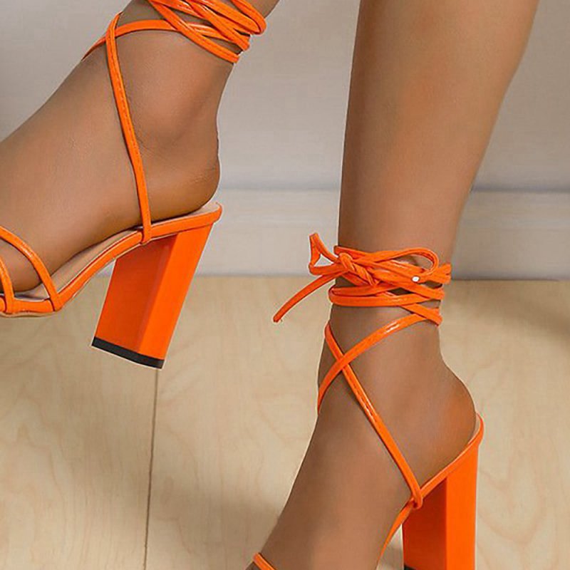 Orange Strappy Block Heeled Sandal
