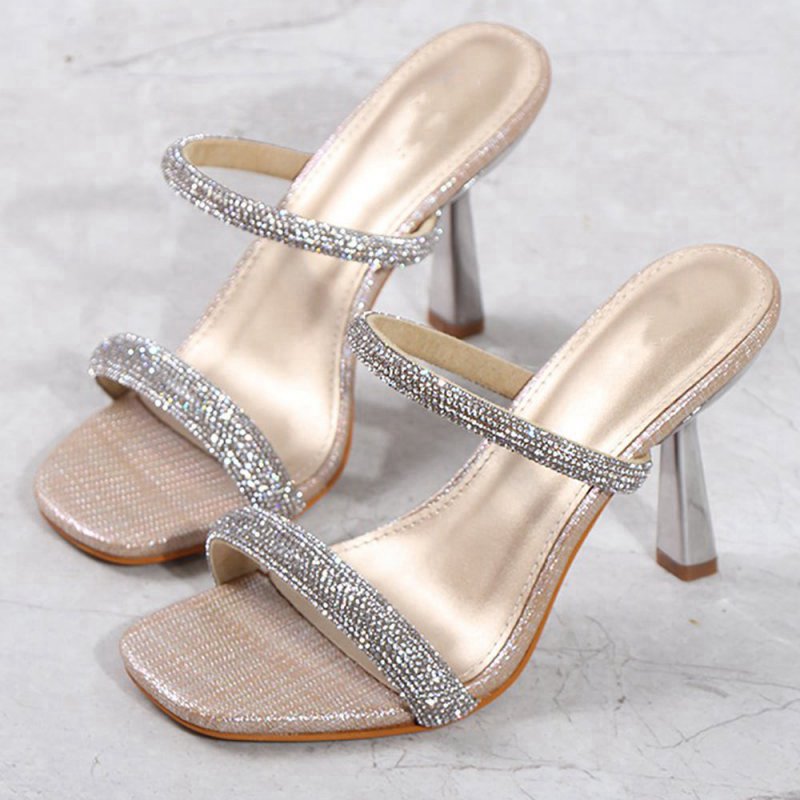 Square Toe Rhinestone Stiletto Sandals