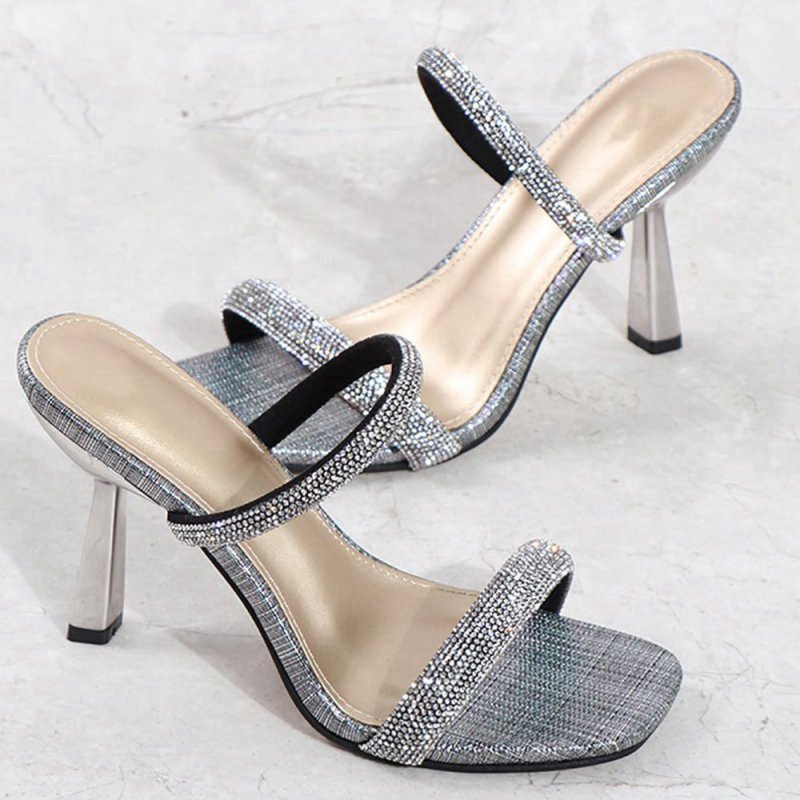 Square Toe Rhinestone Stiletto Sandals