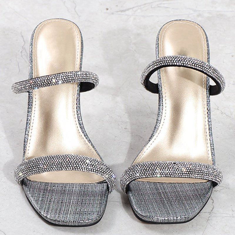 Square Toe Rhinestone Stiletto Sandals