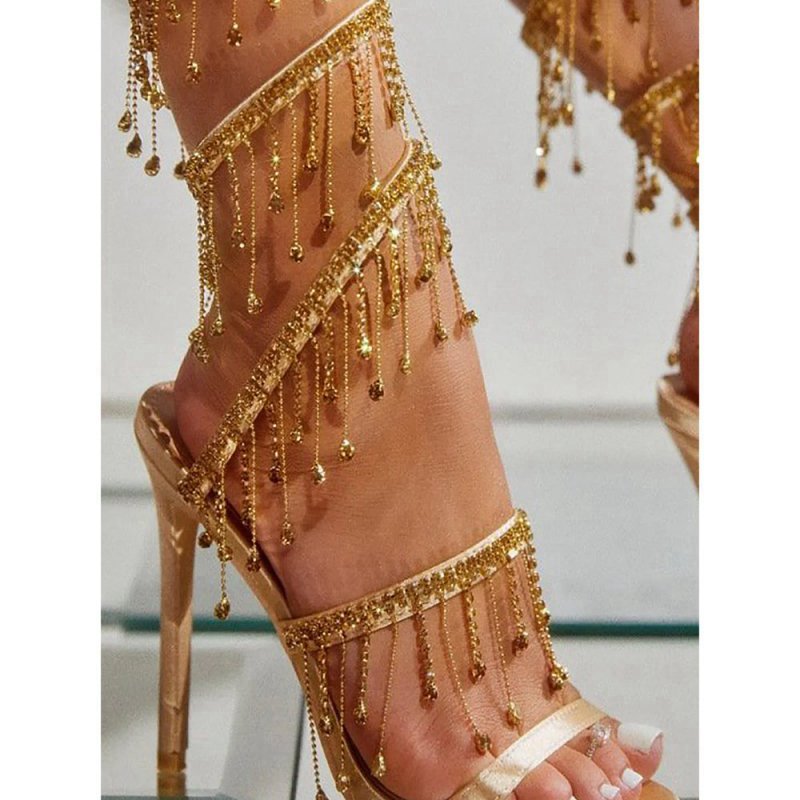 Sparkly Strappy High Heeled Sandals With Tassel