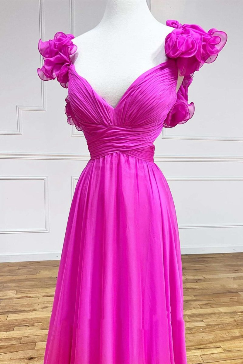 Lace-Up V-Neck Ruffle Pleated Long Prom Dresses