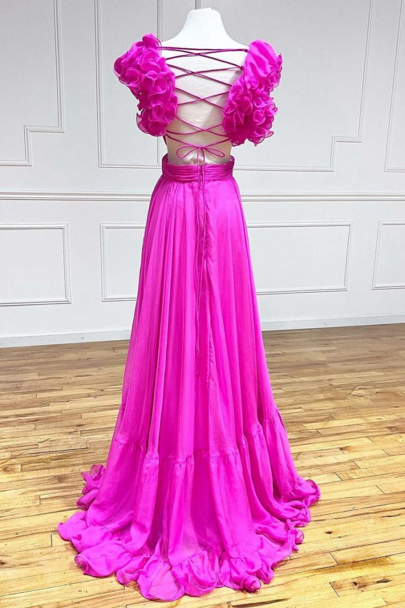 Lace-Up V-Neck Ruffle Pleated Long Prom Dresses